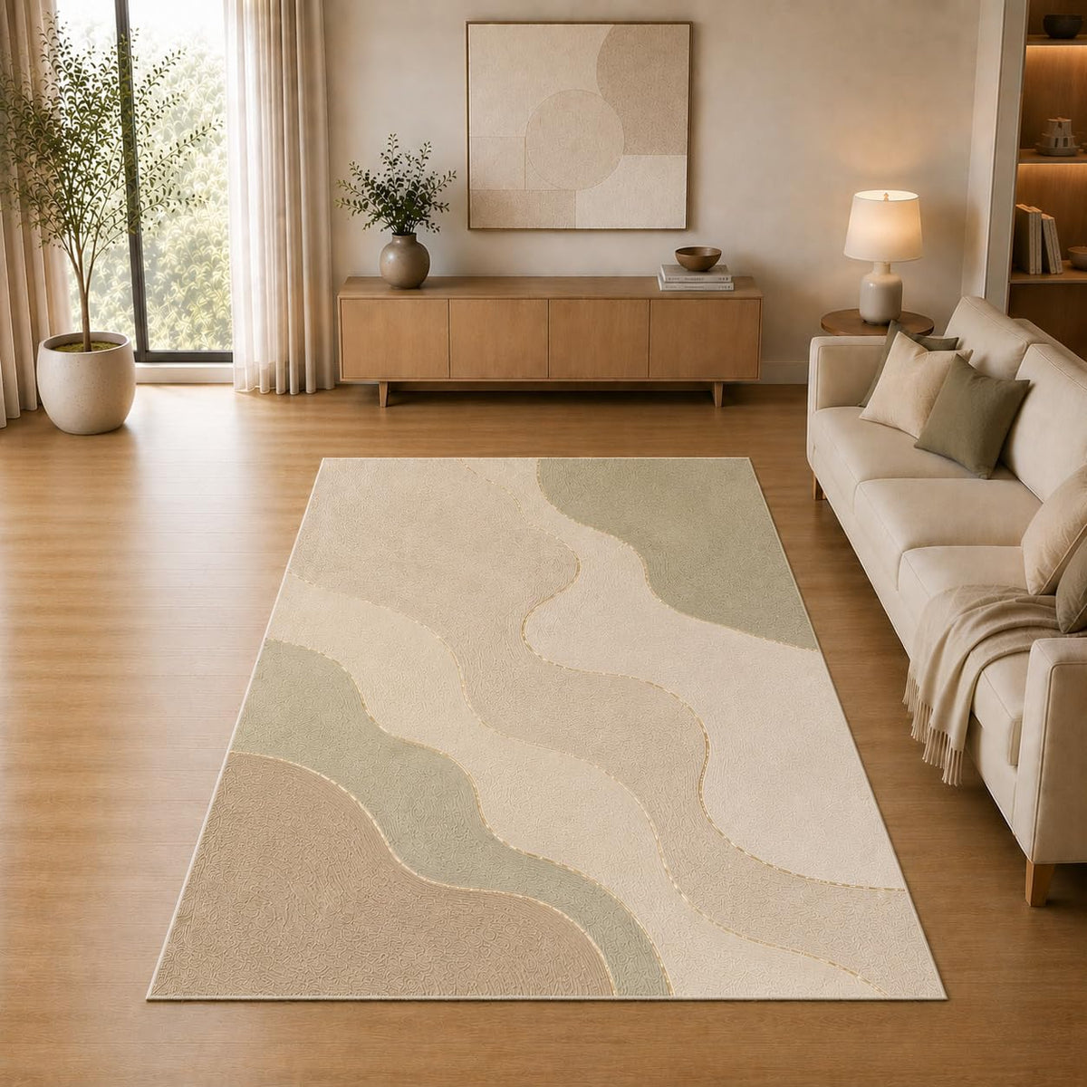 ICE ARMOR 5' x 7' Modern Wavy Abstract Area Rug for Living Room, Soft Low Pile Indoor Rug with Non-Slip Silicone Backing, Decorative Carpet for Bedroom, Office, Family Room, Sage Green