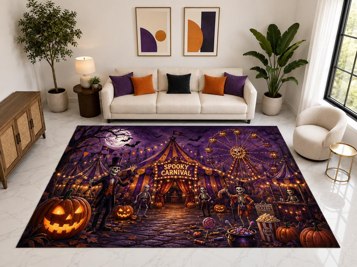 ICE ARMOR "Ultra Light Weight Large 6'7" x 9'10" Spooky Carnival Skeleton Rug, Soft Low Pile Indoor Rug, Non-Slip Silicone Backing for Family Room Purple