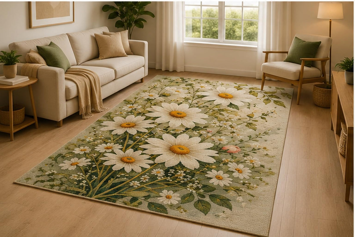 ICE ARMOR 5' x 7' White Daisy Botanical Area Rug for Living Room, Soft Low Pile Indoor Rug with Non-Slip Silicone Backing, Bedroom, Nursery, Kids & Pets, Cream Green