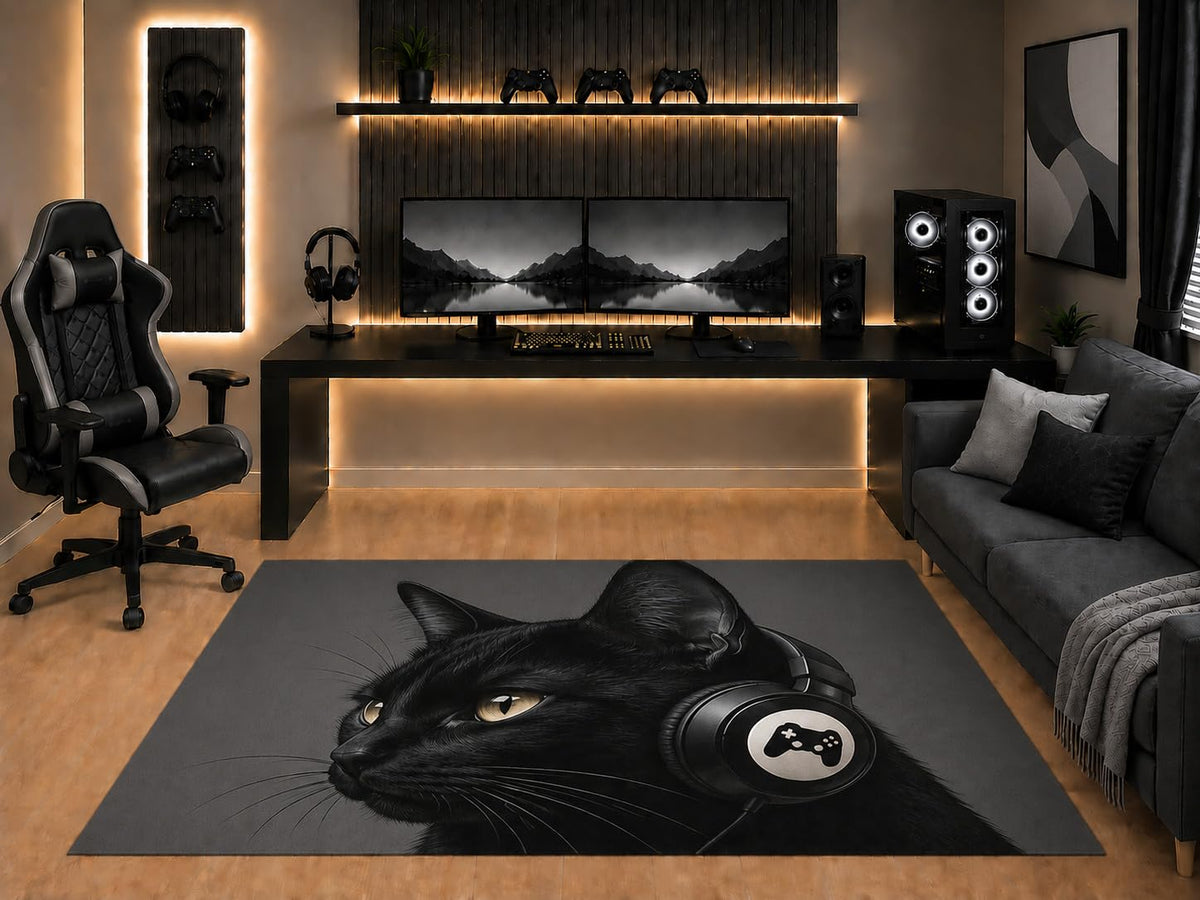 ICE ARMOR "Ultra Light Weight 5' x 7' Black Cat Headphones Area Rug Realistic Gamer Animal Art for Gaming Room Bedroom Living Room Non-Slip Silicone Backing Low Pile