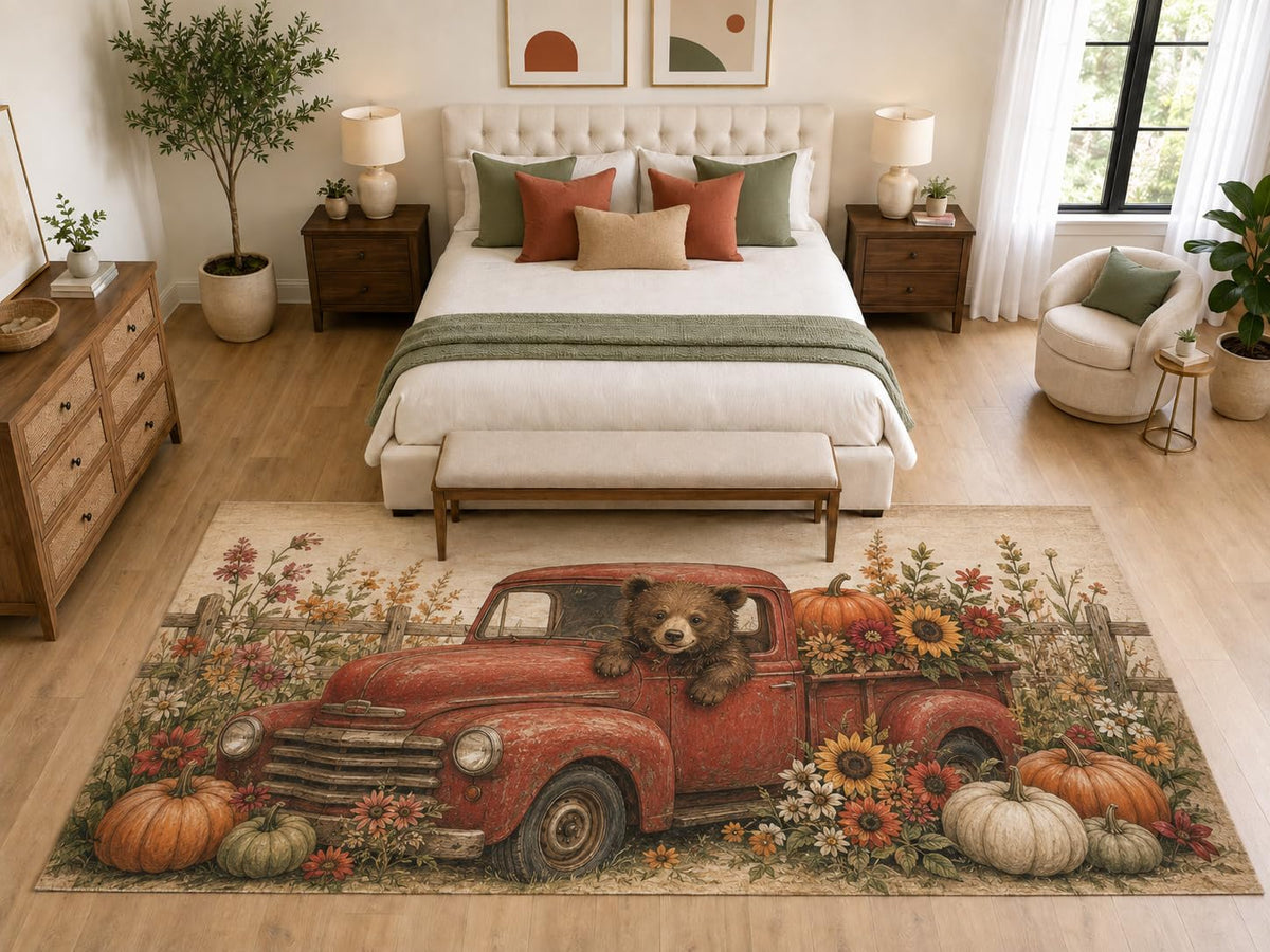 ICE ARMOR "Ultra Light Weight Large 6'7" x 9'10" Bear Red Truck Area Rug, Soft Low Pile Indoor Rug, Non-Slip Silicone Backing, Living Room, Beige