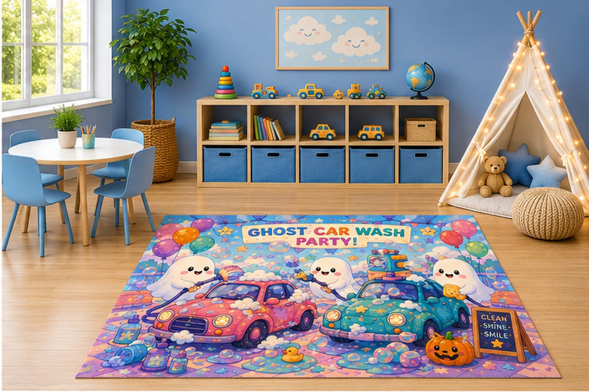 ICE ARMOR 5' x 7' Ghost Car Wash Party Kids Area Rug, Cute Halloween Ghost Bubble Car Wash Cartoon Playroom Nursery Bedroom Decor, Non-Slip Silicone Backing Low Pile