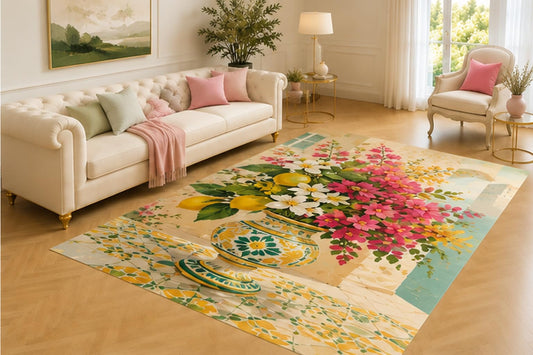 ICE ARMOR 5' x 7' Lemon Blossom Rug, White Daisies, Pink Flowers and Bright Citrus in an Ornate Urn, Fresh Mediterranean Decor for Kitchen, Dining Room or Sunroom