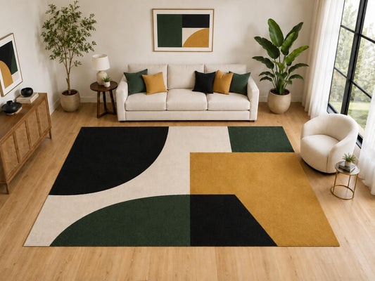 ICE ARMOR Large 6'7" x 9'10" Modern Color Block Curve Area Rug for for Bedroom, Living Room, Soft Low Pile Indoor Rug with Non-Slip Silicone Backing, Green Mustard Black Ivory