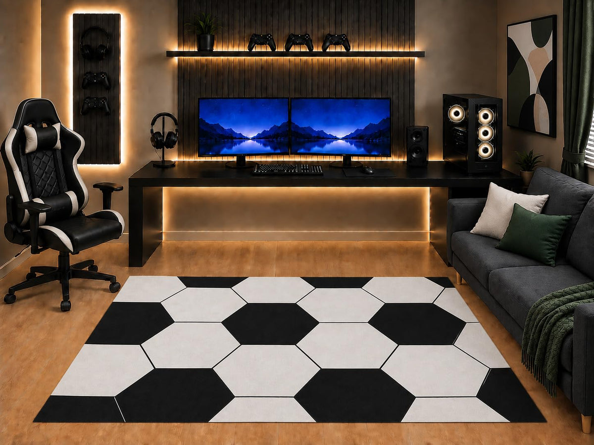 ICE ARMOR "Ultra Light Weight 5' x 7' Black White Hexagon Area Rug Modern Geometric Honeycomb Design for Bedroom Gaming Room Living Room Non-Slip Silicone Backing Low Pile