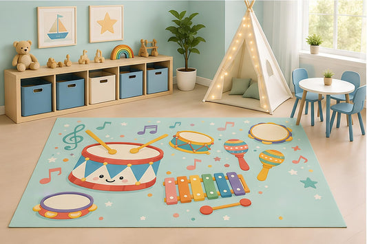ICE ARMOR 5' x 7' Musical Instruments Area Rug for Kids Playroom Nursery Bedroom, Drum Xylophone Tambourine Maracas Music Learning Cartoon Carpet, Non-Slip Silicone Backing Low Pile
