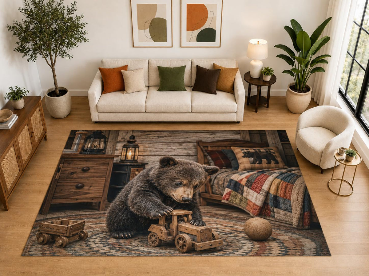 ICE ARMOR "Ultra Light Weight Large 6'7" x 9'10" Bear Cub Toy Tractor Area Rug, Soft Low Pile Indoor Rug, Non-Slip Silicone Backing, Kids Room, Brown