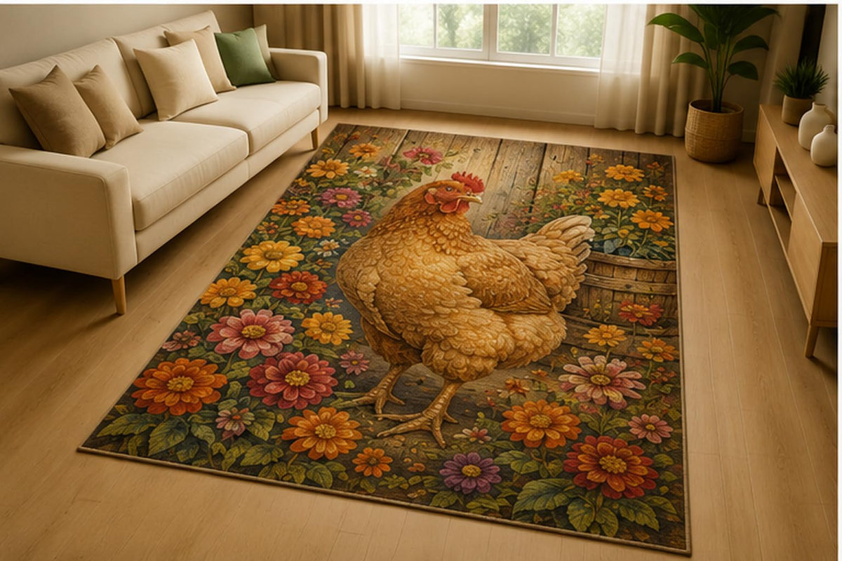 ICE ARMOR 5' x 7' Hen Flower Garden Area Rug for Living Room, Soft Low Pile Indoor Rug with Non-Slip Silicone Backing, Farmhouse Chicken Decor for Bedroom, Kitchen, Family Room, Kids & Pets, Brown