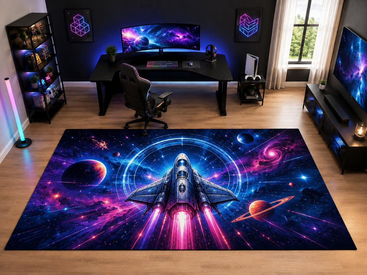 ICE ARMOR "Ultra Light Weight Large 6'7" x 9'10" Space Shuttle Galaxy Area Rug for Kids Room Bedroom, Soft Low Pile Indoor Rug and Non-Slip Silicone Backing, Navy Blue