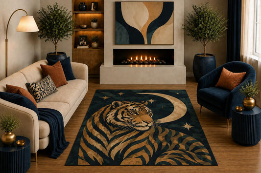 ICE ARMOR "Ultra Light Weight 5' x 7' Tiger Moon and Stars Area Rug Celestial Wildlife Art in Navy Gold for Living Room Bedroom Office Decor Non-Slip Silicone Backing Low Pile