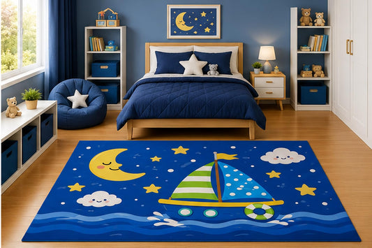ICE ARMOR 5' x 7' Sailboat Moon and Stars Area Rug for Kids Bedroom Nursery Playroom Scandinavian Minimalist Night Sky Nautical Decor Non-Slip Silicone Backing Low Pile