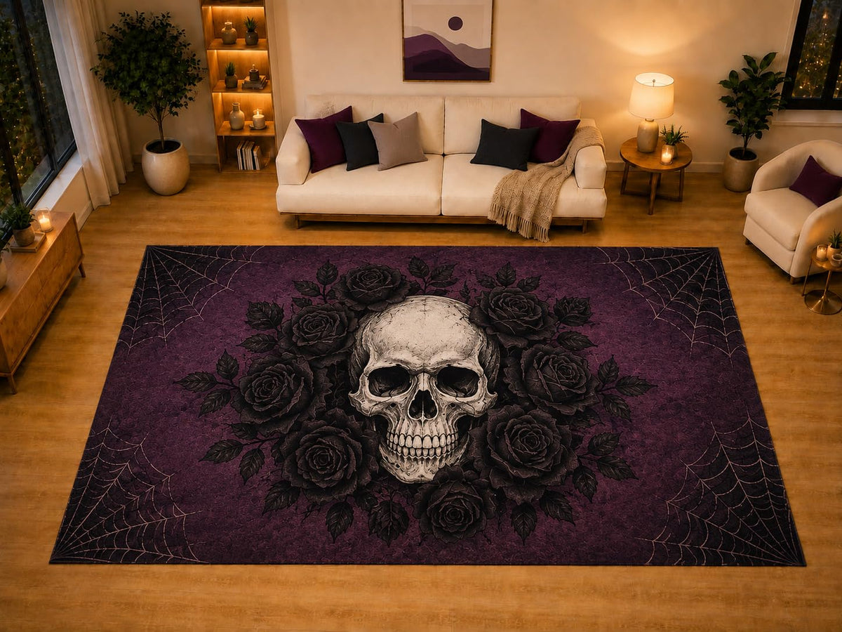 ICE ARMOR "Ultra Light Weight Large 6'7" x 9'10" Skull Black Rose Area Rug for Living Room Bedroom, Soft Low Pile Non-Slip Backing, Purple Spider Web Gothic Halloween Decor