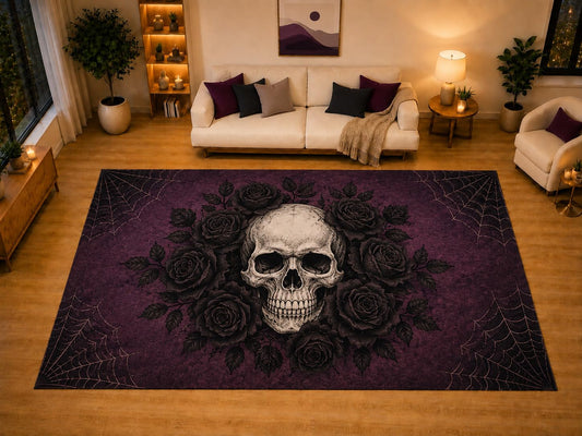 ICE ARMOR "Ultra Light Weight Large 6'7" x 9'10" Skull Black Rose Area Rug for Living Room Bedroom, Soft Low Pile Non-Slip Backing, Purple Spider Web Gothic Halloween Decor
