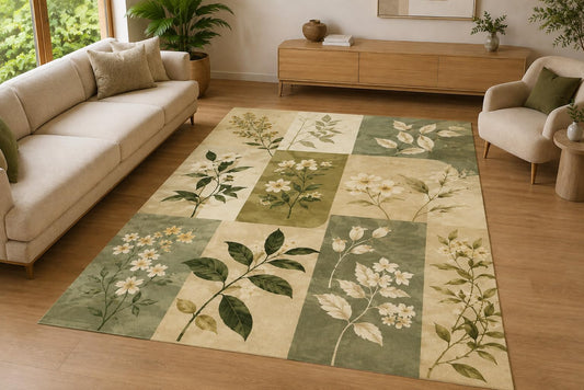 ICE ARMOR 5' x 7' Vintage Botanical Floral Patchwork Area Rug for Living Room, Soft Low Pile Indoor Rug with Non-Slip Silicone Backing, Bedroom, Dining Room, Sage Green Ivory
