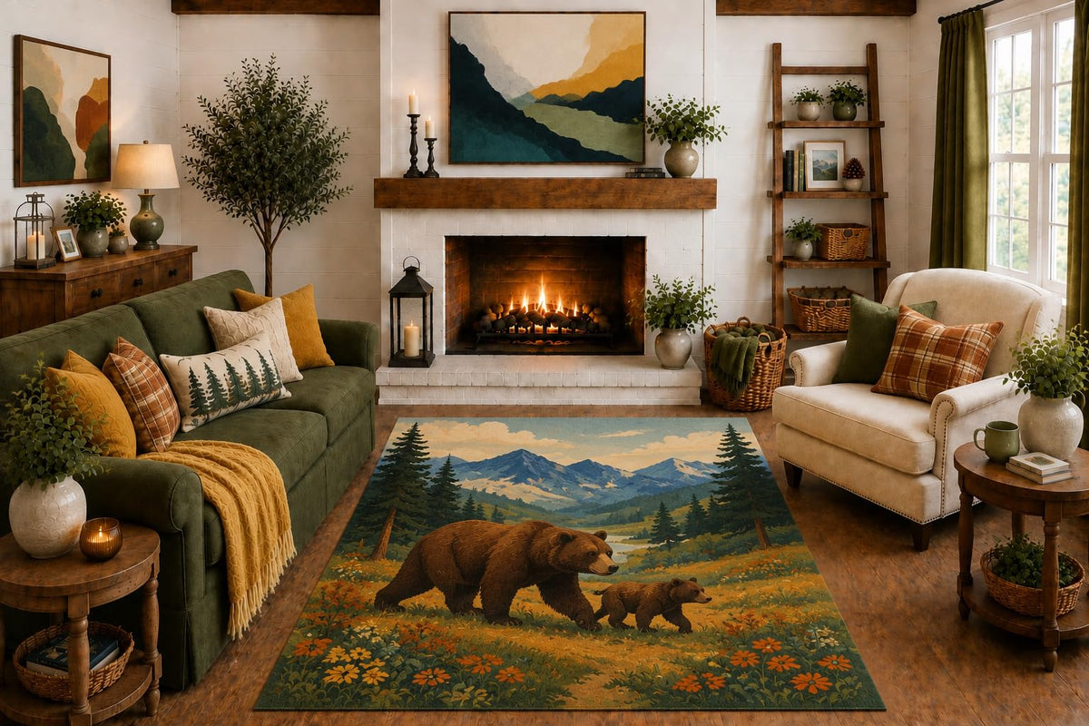 ICE ARMOR "Ultra Light Weight 5' x 7' Bear Family Mountain Area Rug, Rustic Wildflower Forest Wildlife Art for Living Room Cabin Bedroom, Non-Slip Silicone Backing Low Pile