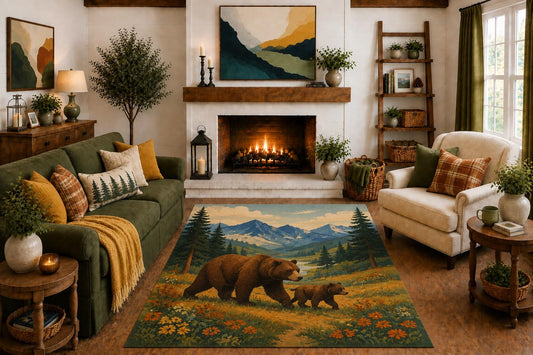 ICE ARMOR "Ultra Light Weight 5' x 7' Bear Family Mountain Area Rug, Rustic Wildflower Forest Wildlife Art for Living Room Cabin Bedroom, Non-Slip Silicone Backing Low Pile
