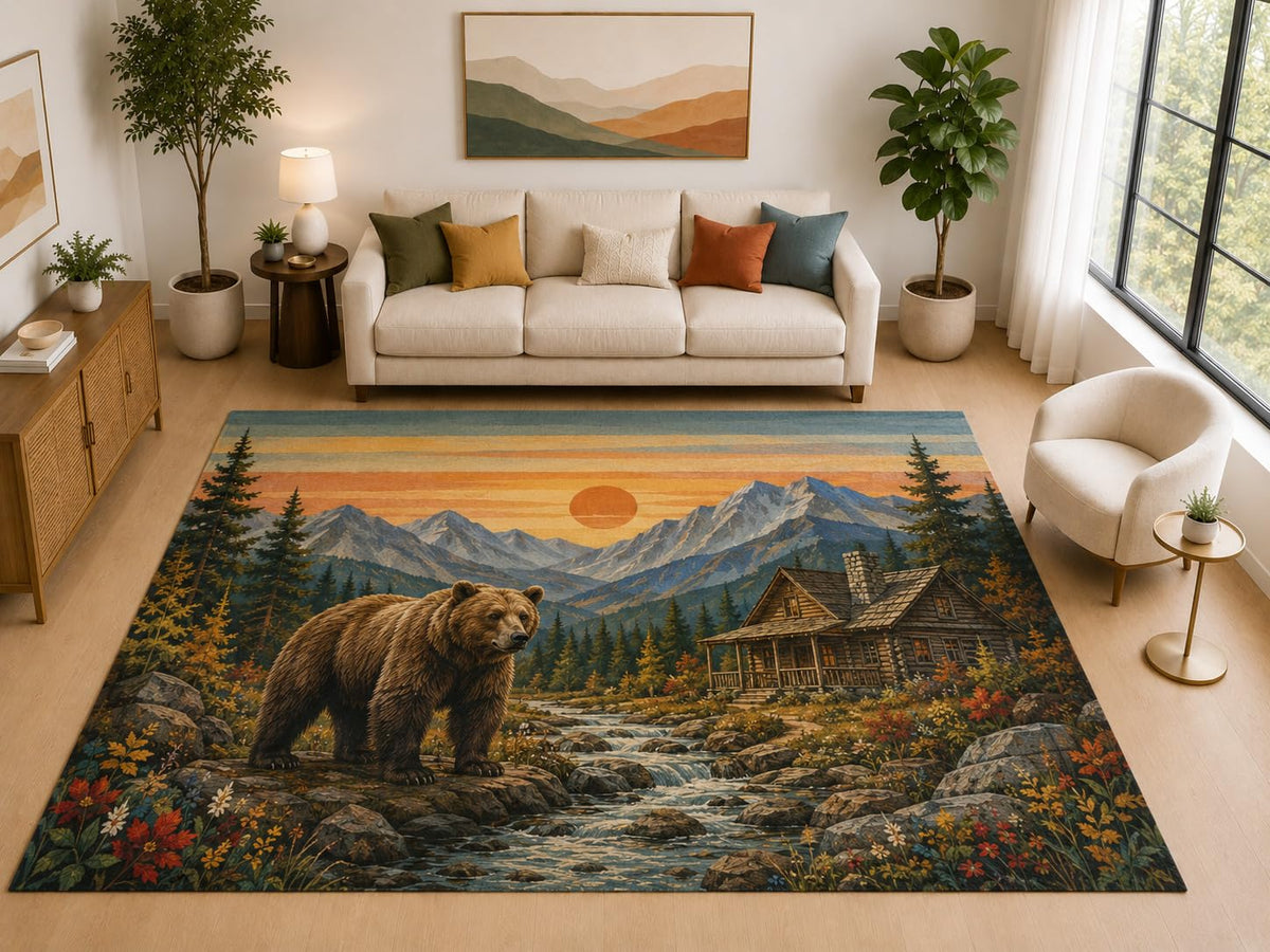 ICE ARMOR "Ultra Light Weight Large 6'7" x 9'10" Bear Cabin Sunset Rug for Bedroom, Soft Low Pile Indoor Rug and Non-Slip Silicone Backing, Brown