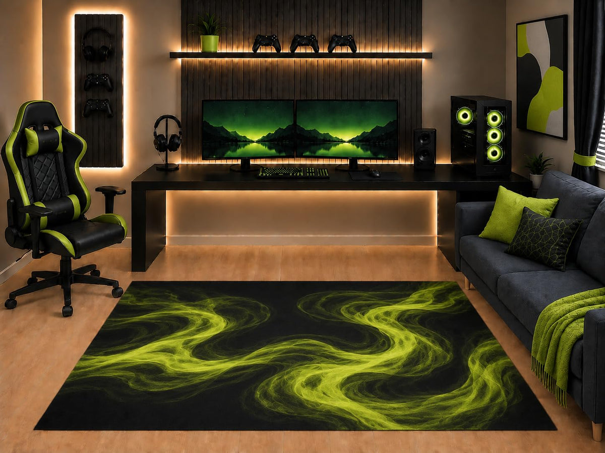 ICE ARMOR "Ultra Light Weight 5' x 7' Lime Green Black Smoke Area Rug Modern Abstract Neon Energy Art for Gaming Room Bedroom Living Room Non-Slip Silicone Backing Low Pile