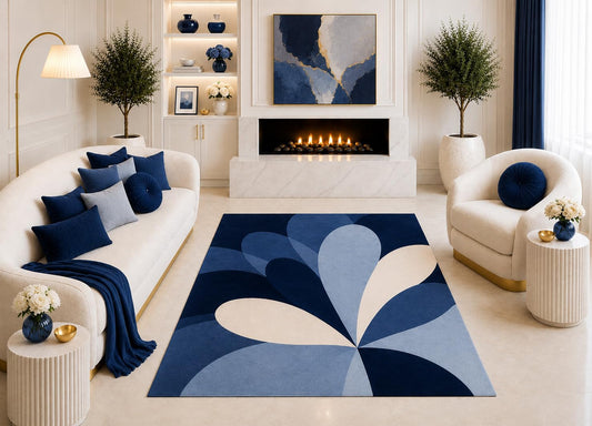 ICE ARMOR "Ultra Light Weight 5' x 7' Navy Blue Abstract Floral Area Rug, Modern Geometric Petal Design for Living Room Bedroom Office, Non-Slip Silicone Backing Low Pile