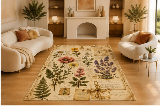 ICE ARMOR 5' x 7' Vintage Botanical Herb Illustration Area Rug, Soft Low Pile Indoor Rug with Non-Slip Silicone Backing, Decorative Carpet for Living Room, Office, Beige
