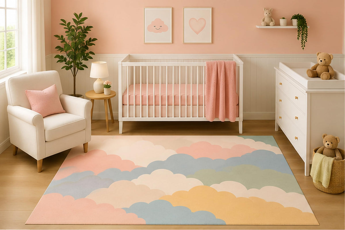 ICE ARMOR 5' x 7' Pastel Layered Cloud Area Rug for Nursery Room, Minimalist Soft Sky Design for Baby Bedroom Playroom Decor, Non-Slip Silicone Backing Low Pile