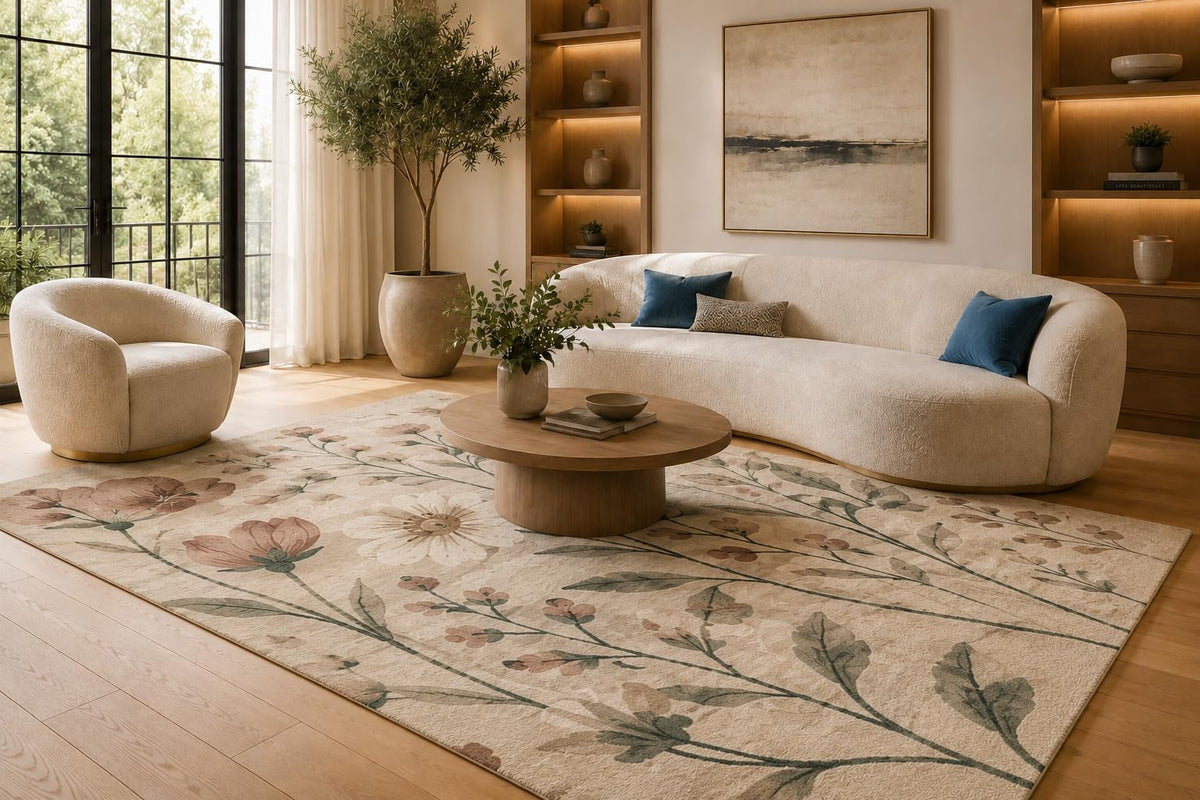 ICE ARMOR 6'7" x 9'10" Blush Pink and Green Wildflower Area Rug for Living Room, Soft Low Pile Carpet with Non-Slip Silicone Backing, Floor Decor for Bedroom, Dining Area and Home Office