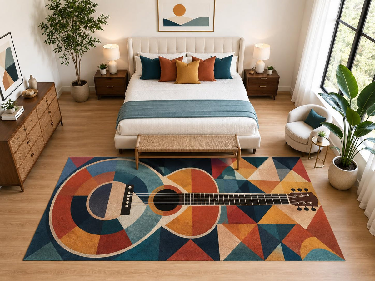 ICE ARMOR "Ultra Light Weight Large 6'7" x 9'10" Geometric Acoustic Guitar Rug, Soft Low Pile Indoor Rug, Non-Slip Silicone Backing for Bedroom Blue