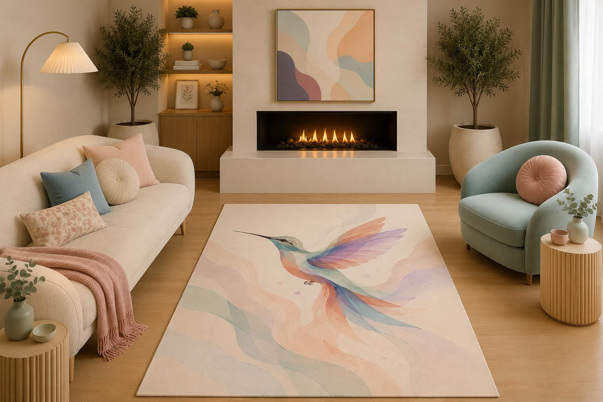 ICE ARMOR 5' x 7' Watercolor Hummingbird Area Rug Pastel Bird Nature Art Pink Blue Purple Design for Living Room Bedroom Nursery Non-Slip Silicone Backing Low Pile