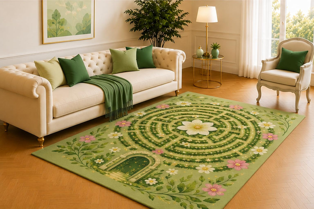ICE ARMOR 5' x 7' Enchanted Garden Maze Rug, Soft Green Floral Labyrinth with White Blossom Center, Whimsical Floor Decor for Bedroom, Lounge or Creative Studio