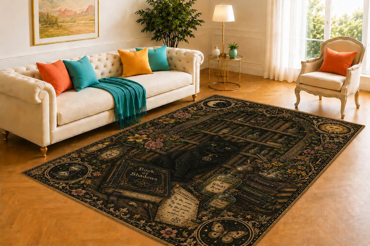 ICE ARMOR 5' x 7' Witch Library Rug, Black Cat Spellbook and Potion Bottle Design, Smooth Printed Floor Cover for Study, Bedroom, Office and Magical Home Decor