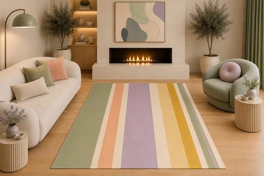 ICE ARMOR 5' x 7' Pastel Rainbow Striped Area Rug Modern Minimalist Sage Peach Lavender Yellow for Living Room Bedroom Nursery Non-Slip Silicone Backing Low Pile