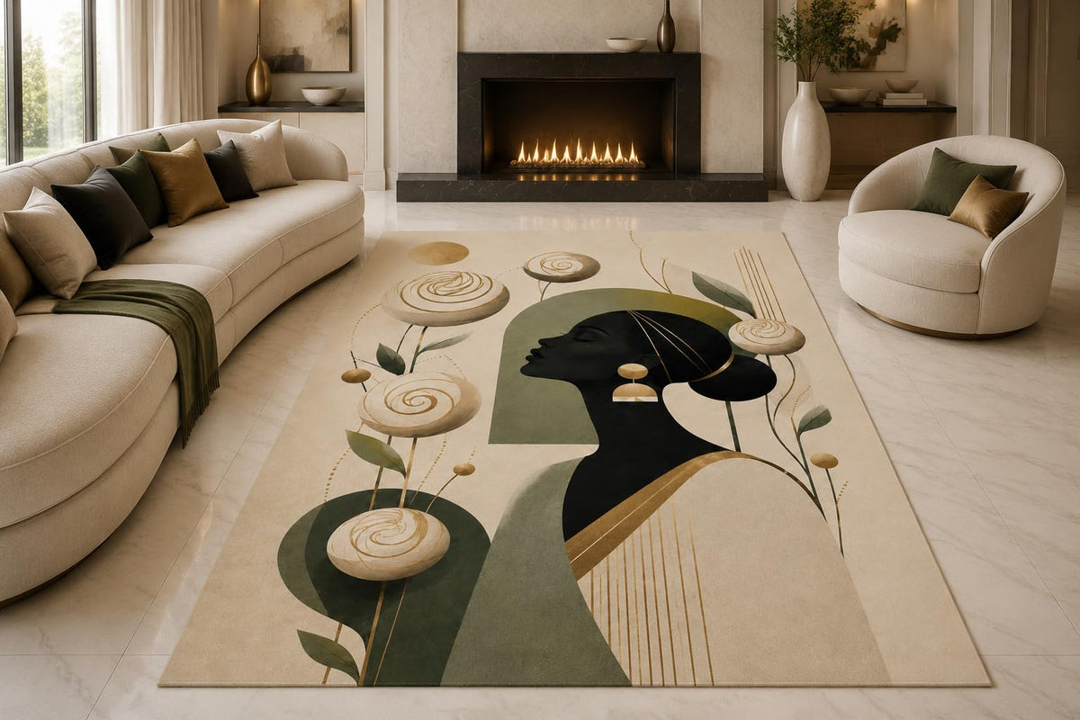 ICE ARMOR "Ultra Lightweight Large 6'7" x 9'10" Elegant Rose Woman Area Rug for Living Room, Bedroom and Home Office, Soft Low Pile Carpet with Non-Slip Silicone Backing, Green and Beige