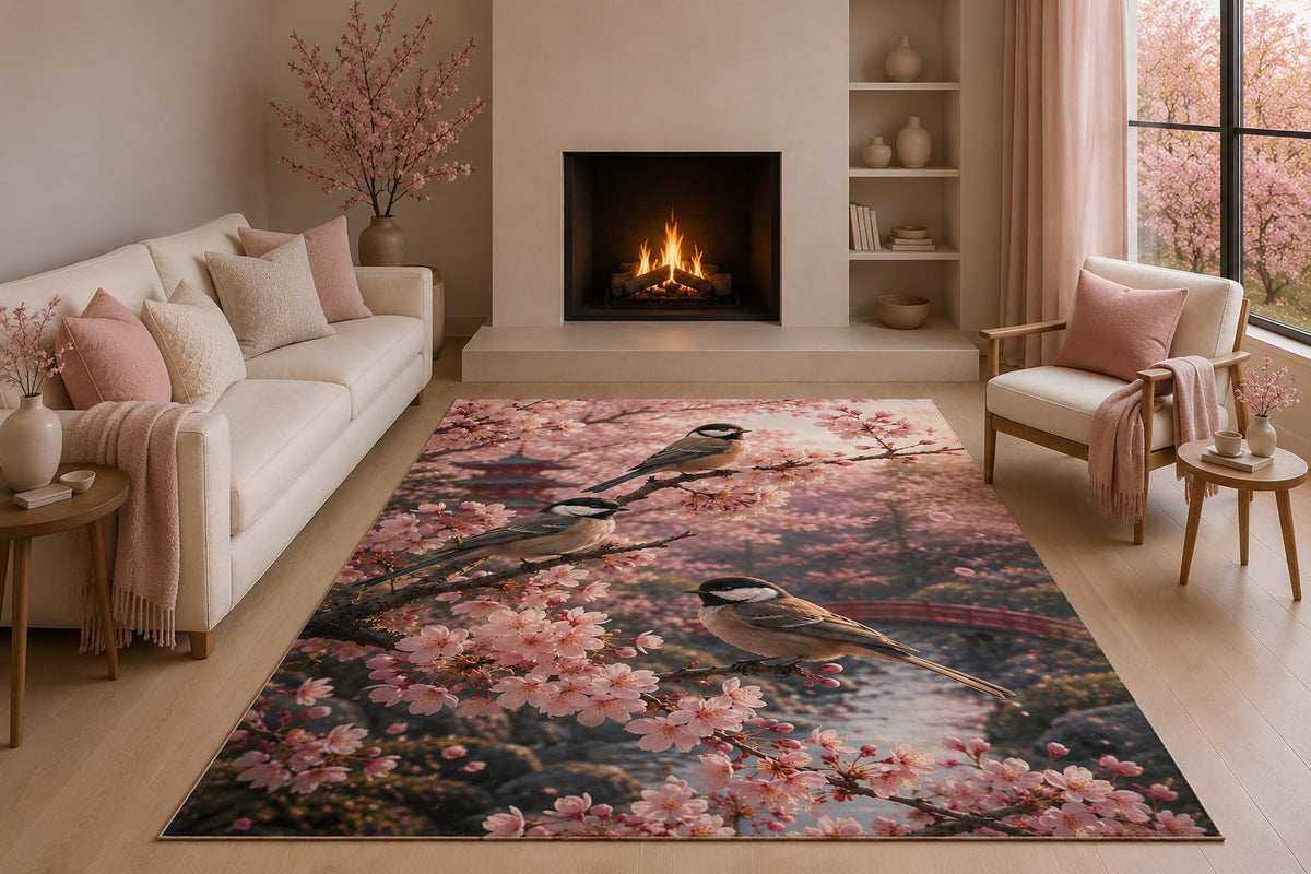 ICE ARMOR 5' x 7' Cherry Blossom Birds Area Rug with Non-Slip Silicone Backing Low Pile Soft Carpet for Living Room Bedroom Japanese Nature Floral Decor