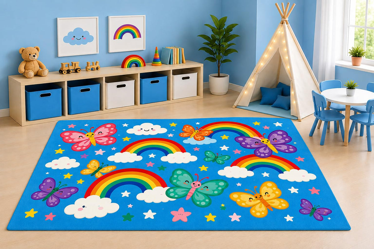 ICE ARMOR 5' x 7' Butterfly Rainbow Area Rug for Kids Playroom Nursery Bedroom, Pastel Butterflies Rainbows Clouds Whimsical Nature Cartoon Decor, Non-Slip Silicone Backing Low Pile