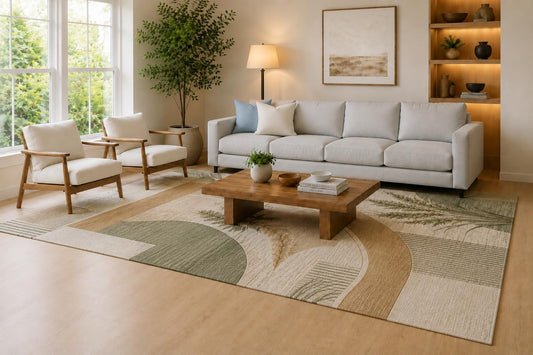ICE ARMOR Large 6'7" x 9'10" Sage Green, Tan and Ivory Arch Shapes Area Rug for Living Room, Soft Low Pile Carpet with Non-Slip Silicone Backing, Decor for Bedroom, Dining Area and Home Office