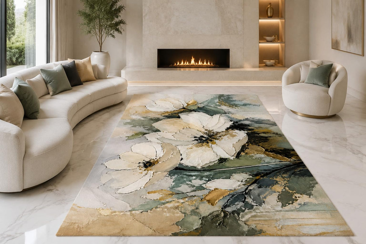 ICE ARMOR "Ultra Lightweight Large 6'7" x 9'10" White Blossom Flow Area Rug for Living Room, Bedroom and Home Office, Soft Low Pile Carpet with Non-Slip Silicone Backing, Cream and Green