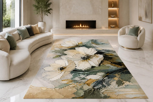 ICE ARMOR "Ultra Lightweight Large 6'7" x 9'10" White Blossom Flow Area Rug for Living Room, Bedroom and Home Office, Soft Low Pile Carpet with Non-Slip Silicone Backing, Cream and Green