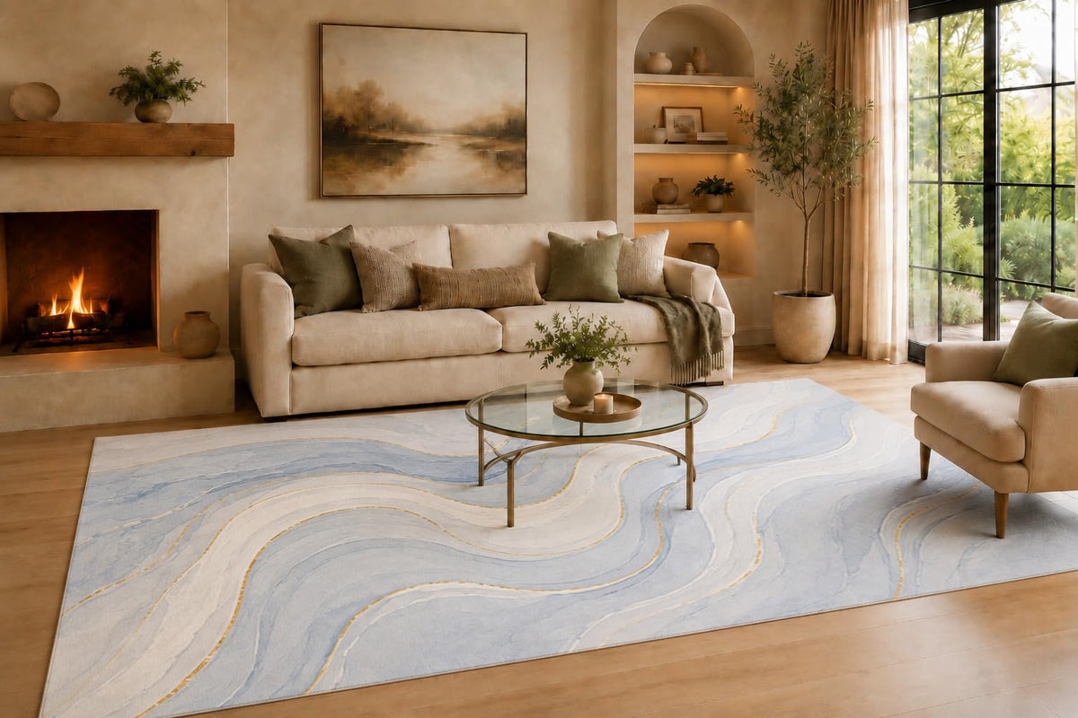 ICE ARMOR Large 6'7" x 9'10" Sky Blue and Cream Swirling River Bands Area Rug for Living Room, Soft Low Pile Carpet with Non-Slip Backing for Bedroom, Dining Room and Office