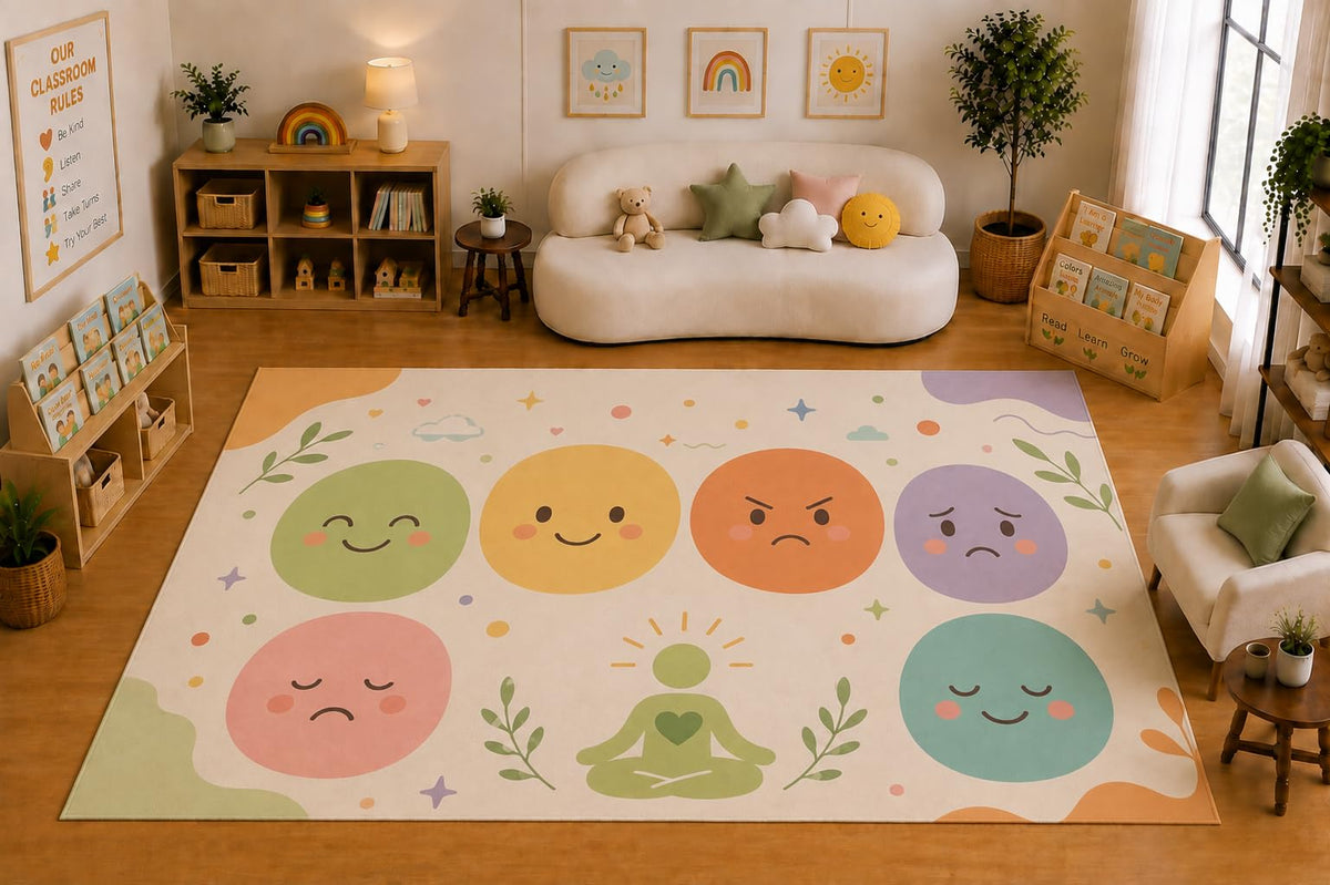 ICE ARMOR Large 6'7" x 9'10" Calm Feelings Emotions Mindfulness Area Rug for for Kids Room, Classroom, Bedroom, Playroom Decor, Soft Low Pile Indoor Rug with Non-Slip Silicone Backing, Cream Pastel