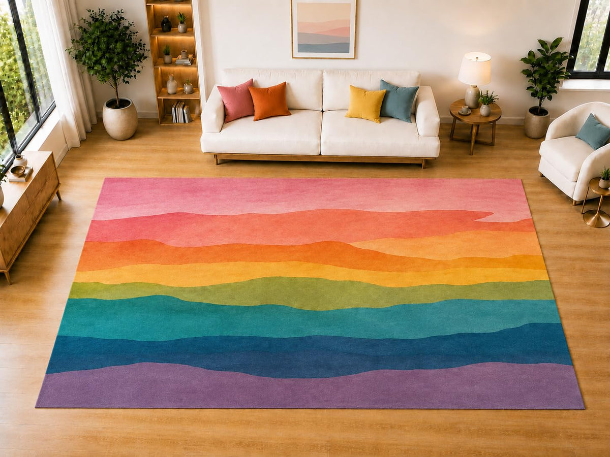 ICE ARMOR "Ultra Light Weight Large 6'7 x 9'10 Layered Rainbow Bands Area Rug for Living Room, Dining Room, and Bedroom, Soft Low Pile Indoor Rug, Cheerful Floor Decor