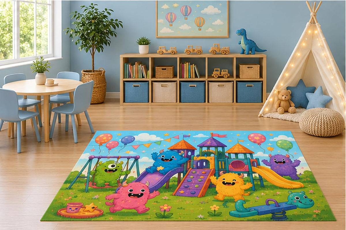 ICE ARMOR 5' x 7' Monster Playground Adventure Kids Area Rug, Cute Cartoon Monsters Park Slides Swings Playroom Nursery Bedroom Decor, Non-Slip Silicone Backing Low Pile