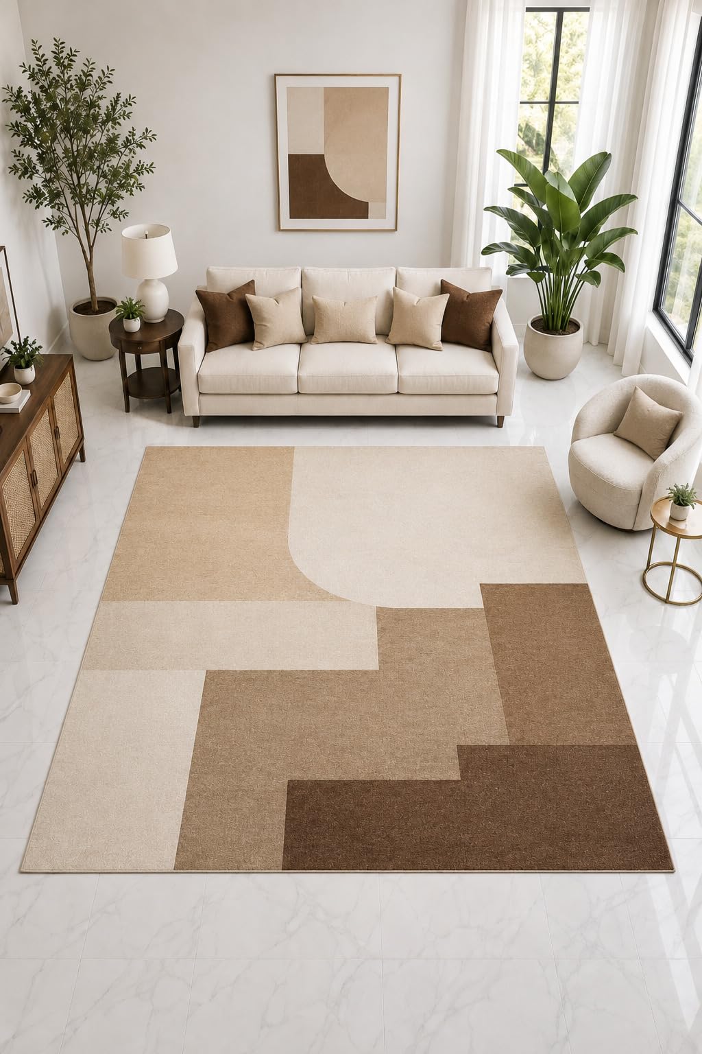 ICE ARMOR "Ultra Light Weight Large 6'7" x 9'10" Geometric Block Rug, Soft Low Pile Indoor Rug, Non-Slip Silicone Backing Living Room Office Brown