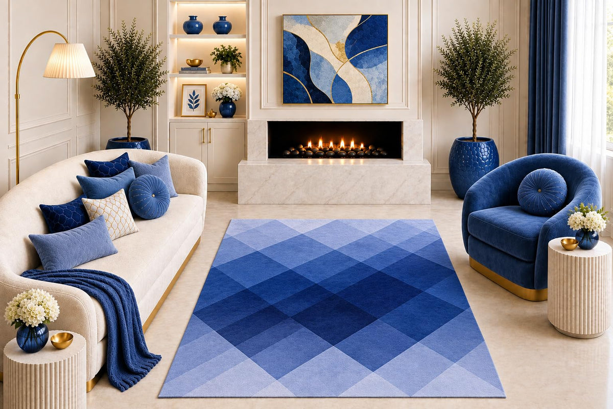 ICE ARMOR "Ultra Light Weight 5' x 7' Blue Geometric Area Rug Modern Ombre Diamond Pattern Contemporary Living Room Bedroom Dining Room Non-Slip Silicone Backing Low Pile