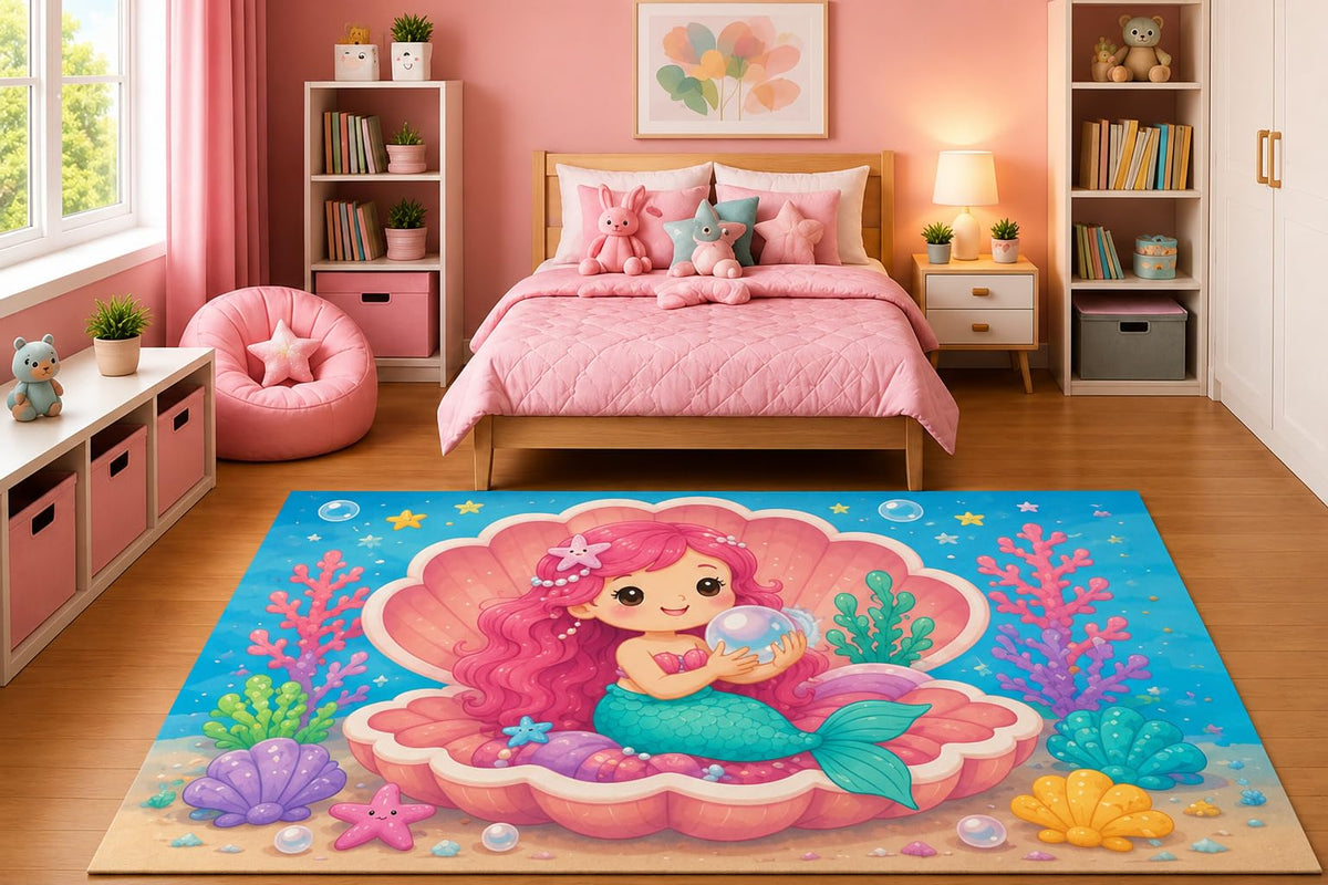 ICE ARMOR 5' x 7' Cute Mermaid in Seashell Pearl Area Rug for Girls Bedroom Nursery Playroom Scandinavian Minimalist Coastal Ocean Fantasy Decor Non-Slip Silicone Backing Low Pile