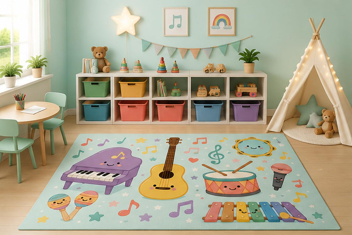 ICE ARMOR 5' x 7' Music Instruments Area Rug for Kids Playroom Nursery Bedroom, Piano Guitar Drum Xylophone Musical Learning Cartoon Decor, Non-Slip Silicone Backing Low Pile
