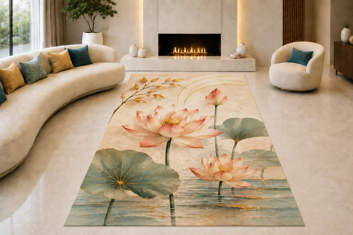 ICE ARMOR "Ultra Lightweight Large 6'7" x 9'10" Lotus Pond Blossoms Area Rug for Living Room, Bedroom and Home Office, Soft Low Pile Carpet with Non-Slip Silicone Backing, Pink and Green