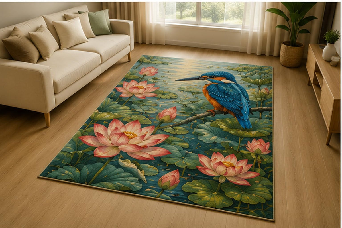 ICE ARMOR 5' x 7' Kingfisher Lotus Pond Area Rug for Living Room, Soft Low Pile Indoor Rug with Non-Slip Silicone Backing, Water Garden Bird Decor for Bedroom, Office, Family Room, Kids & Pets