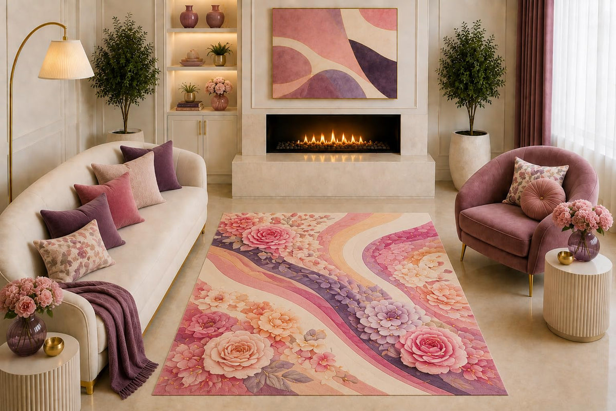 ICE ARMOR "Ultra Light Weight 5' x 7' Pink Rose Floral Area Rug Romantic Wavy Botanical Art Peach Lavender Cream for Living Room Bedroom Girls Room Non-Slip Silicone Backing Low Pile