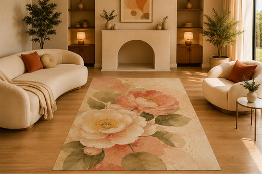 ICE ARMOR 5' x 7' Watercolor Peony Floral Area Rug, Soft Low Pile Indoor Rug with Non-Slip Silicone Backing, Decorative Carpet for Living Room, Bedroom, Blush Cream