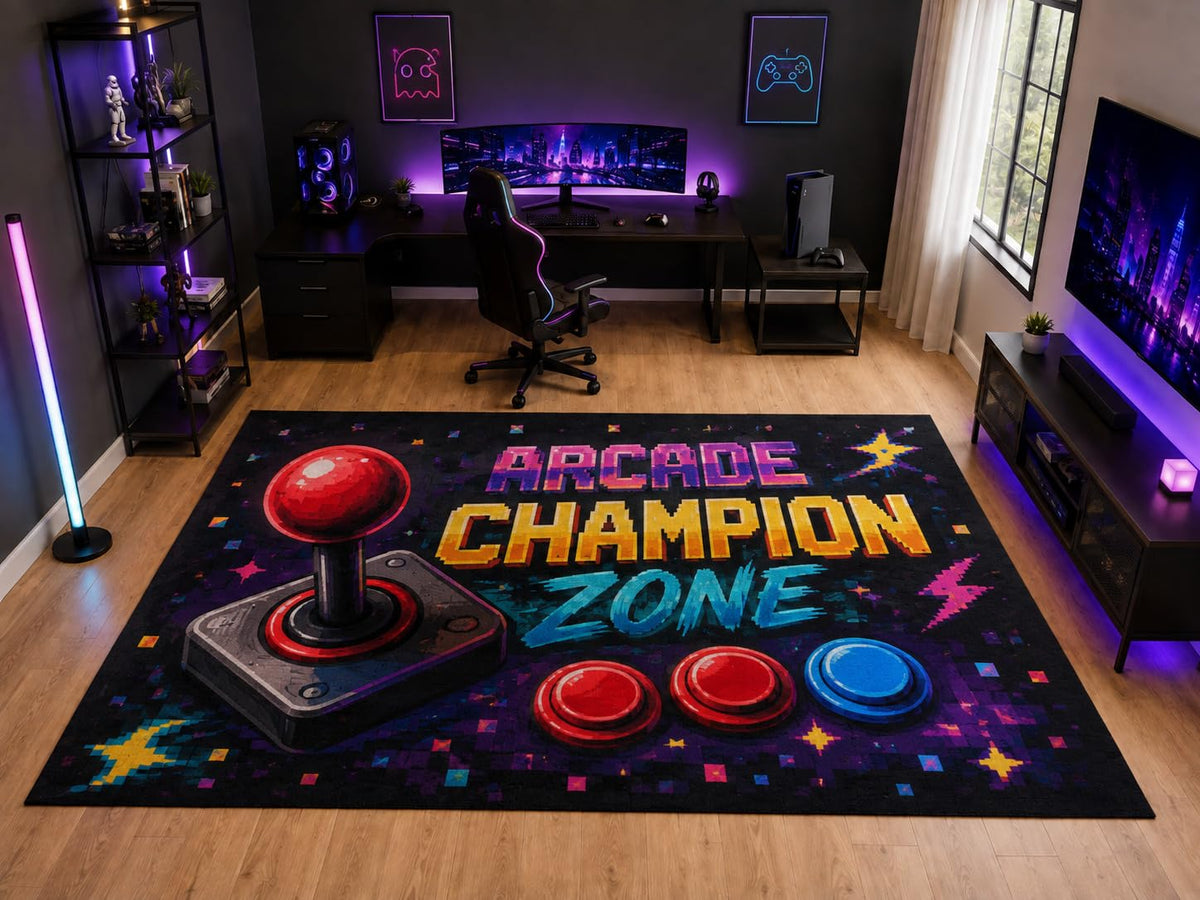 ICE ARMOR "Ultra Light Weight Large 6'7" x 9'10" Arcade Champion Joystick Area Rug for Kids Room Playroom, Soft Low Pile Indoor Rug and Non-Slip Silicone Backing, Black